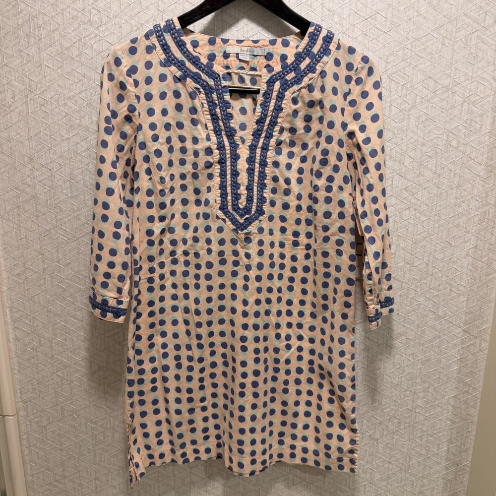 Boden Polka Dot Tunic Dress Size 6 Boho Preppy Coastal Crochet Trim Pink Blue